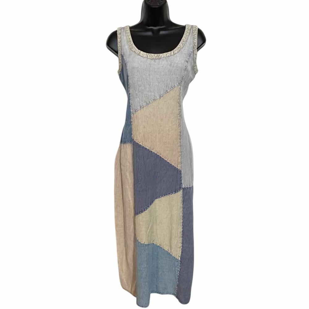 SACRED THREADS WESTERN BOHO PATCHWORK DENIM RAYON MAXI DRESS ML PRARIE LAGENLOOK
